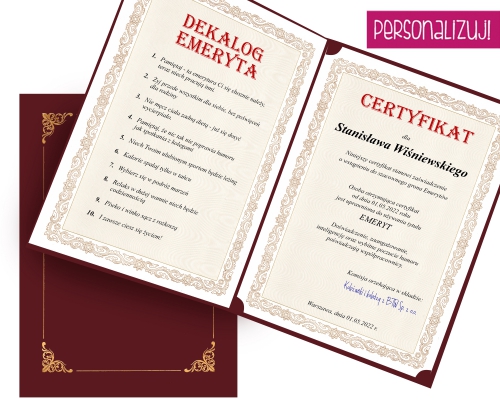 Certyfikat Emeryta Dekalog ozdobny w eleganckiej teczce