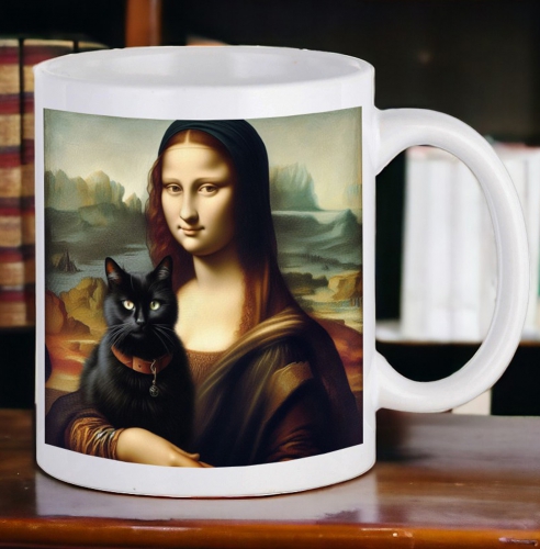 Kubek Mona Lisa z czarnym kotem Leonardo da Vinci