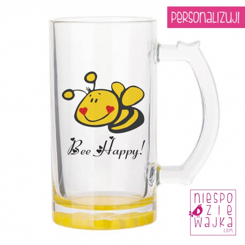 Kufel szklany żółty Bee Happy :)