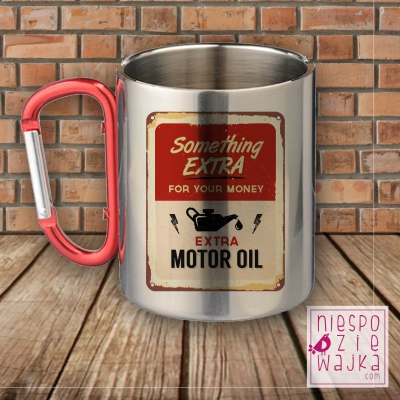 Kubek metalowy karabińczyk Etykieta vintage MOTOR OIL