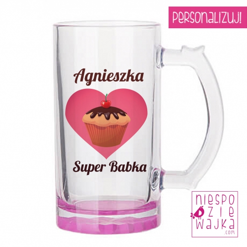Kufel szklany różowy Super babka + [imię]