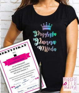 Koszulka Przyszła Panna Młoda + certyfikat - na wieczór panieński