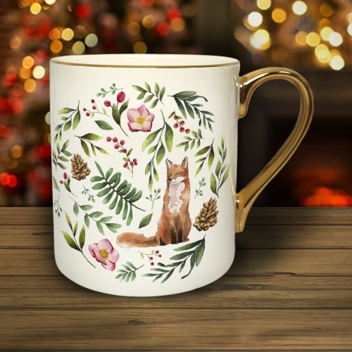 Kubek porcelanowy ze złotym rantem i uchem zimowy świąteczny lis